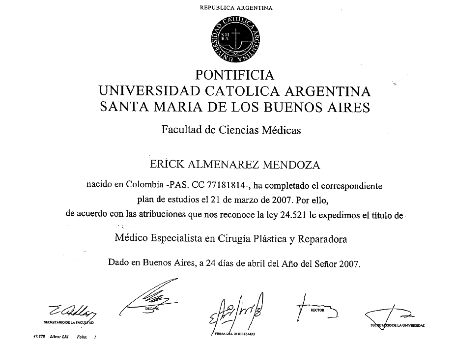 Certificado Cirugia Plastica de Medellin