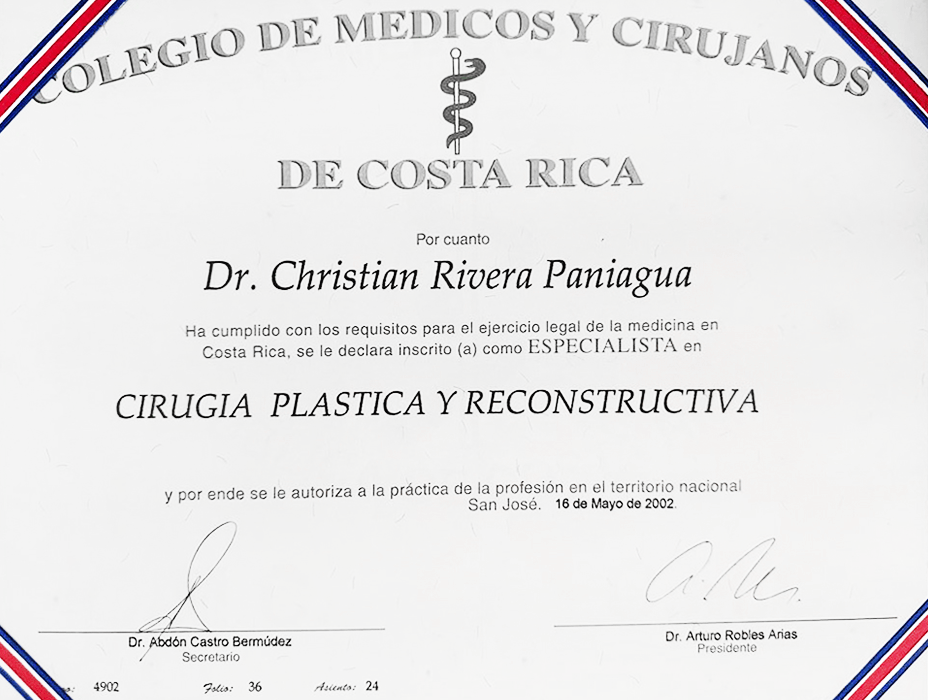 Certificado Cirugia Plastica de San Jose