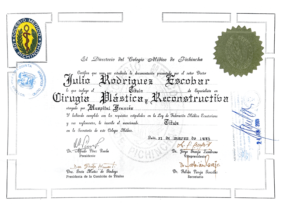 Certificado Cirugia Plastica de Quito