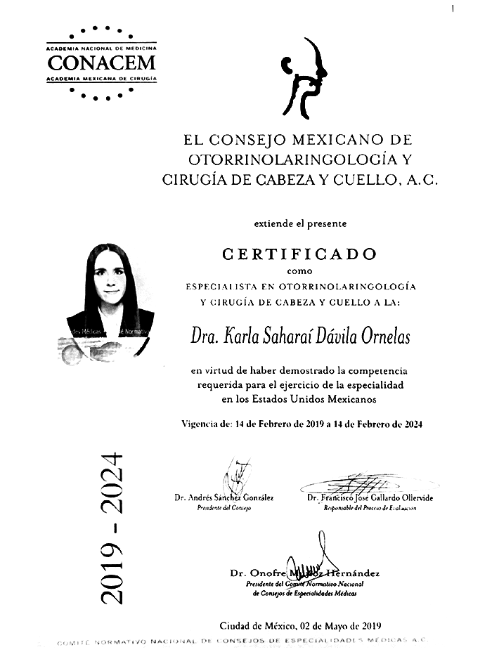 Certificado Otorrinolaringólogo de Ciudad Juarez