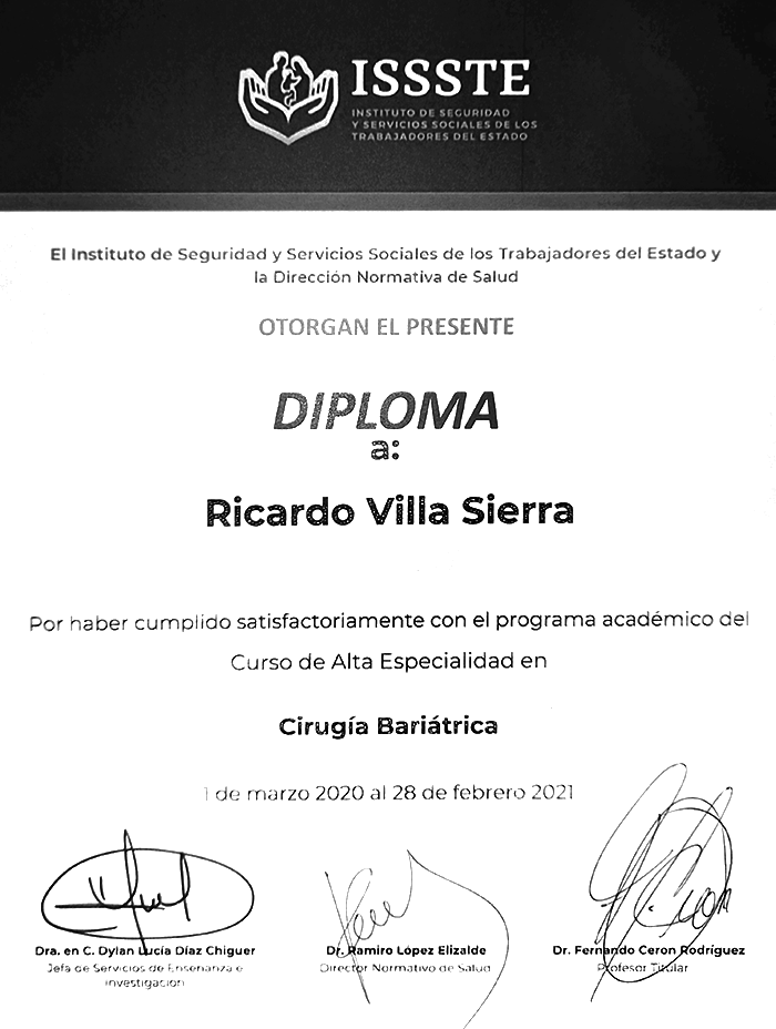 Certificado Bariatra de Estado de Mexico