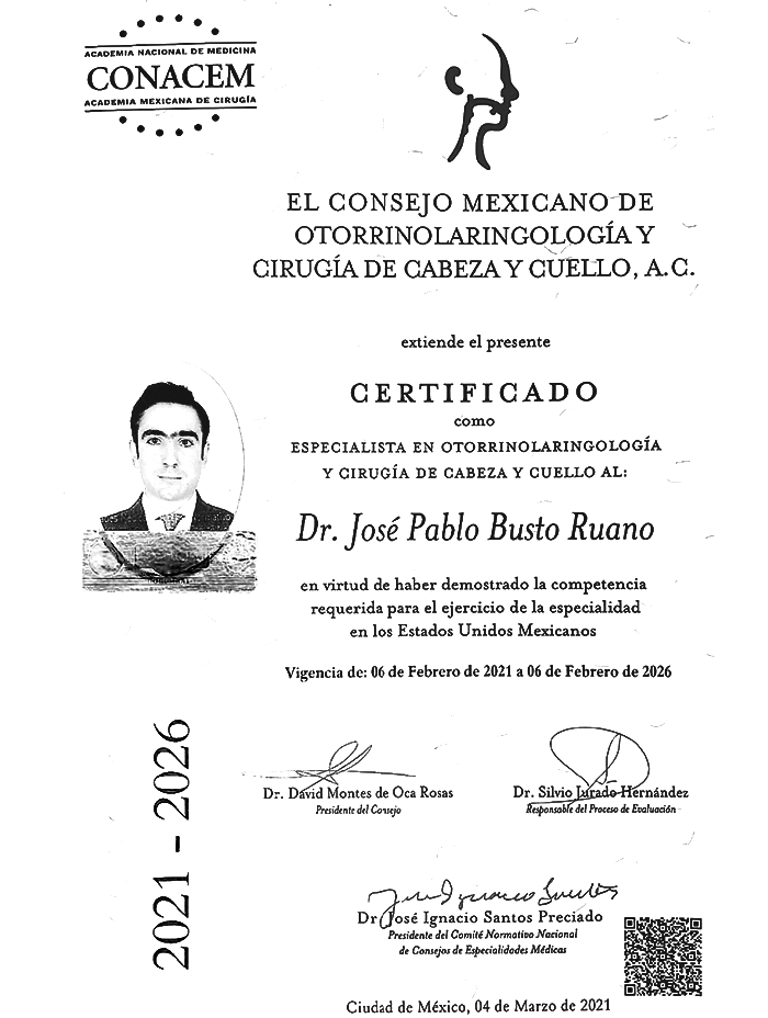 Certificado Otorrinolaringólogo de Estado de Mexico