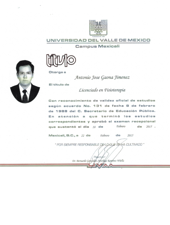Certificado especialista en fisioterapista de Mexicali