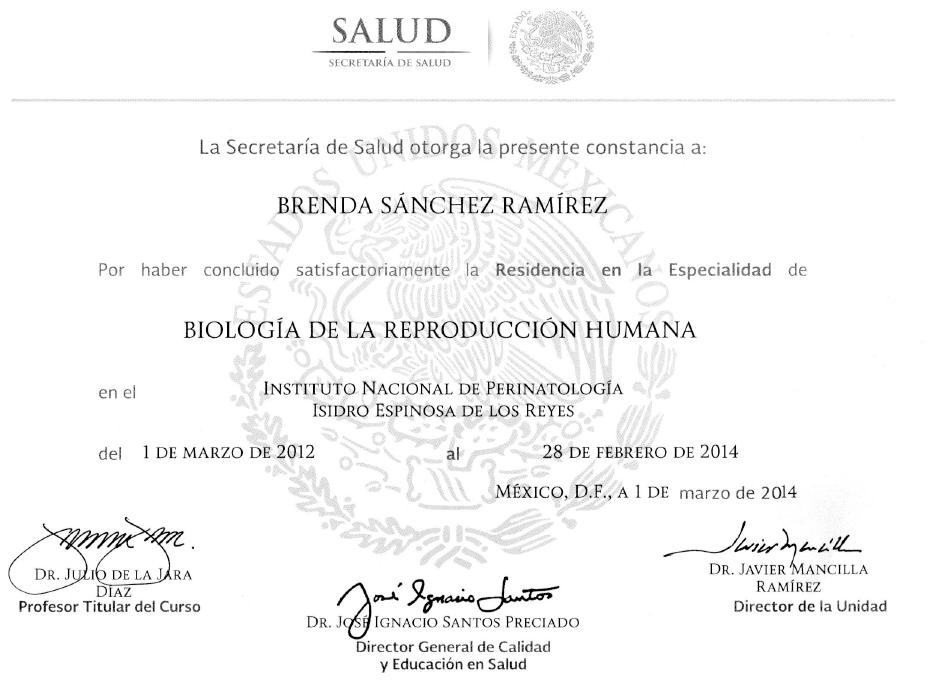 Certificados especialista en Fertilidad de Ciudad de Mexico