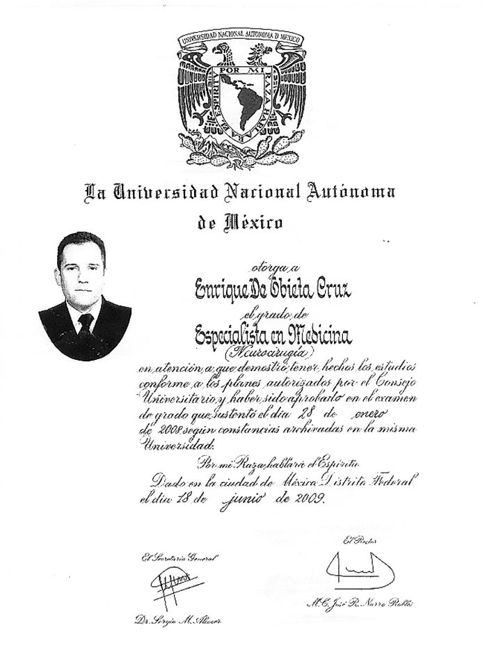 Certificado Neurocirujano de Ciudad de Mexico
