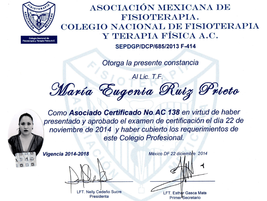 Certificado especialista en fisioterapista de Oaxaca