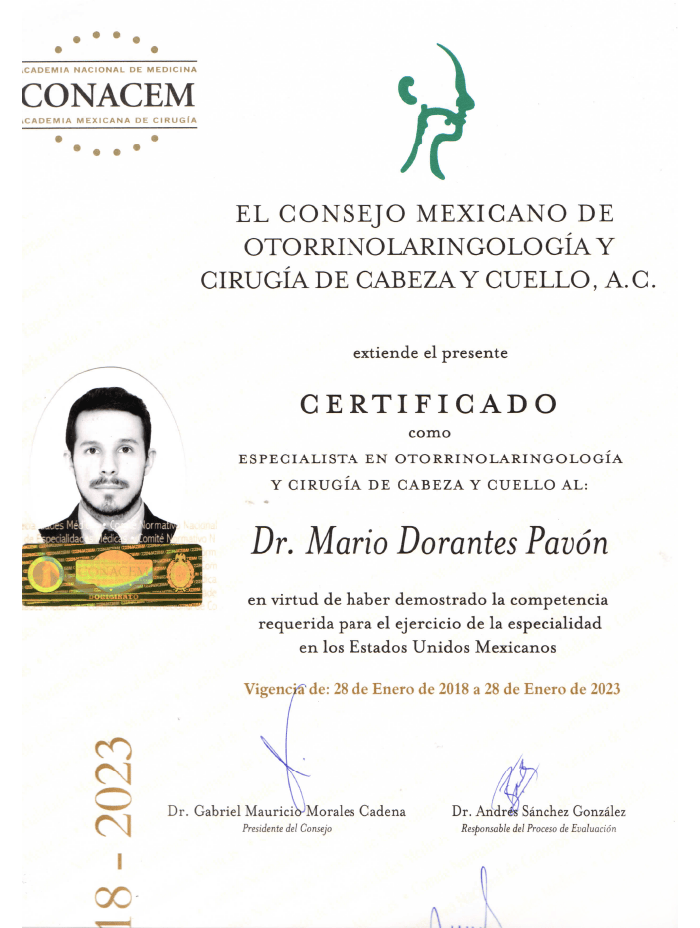Certificado Otorrinolaringólogo de Puebla