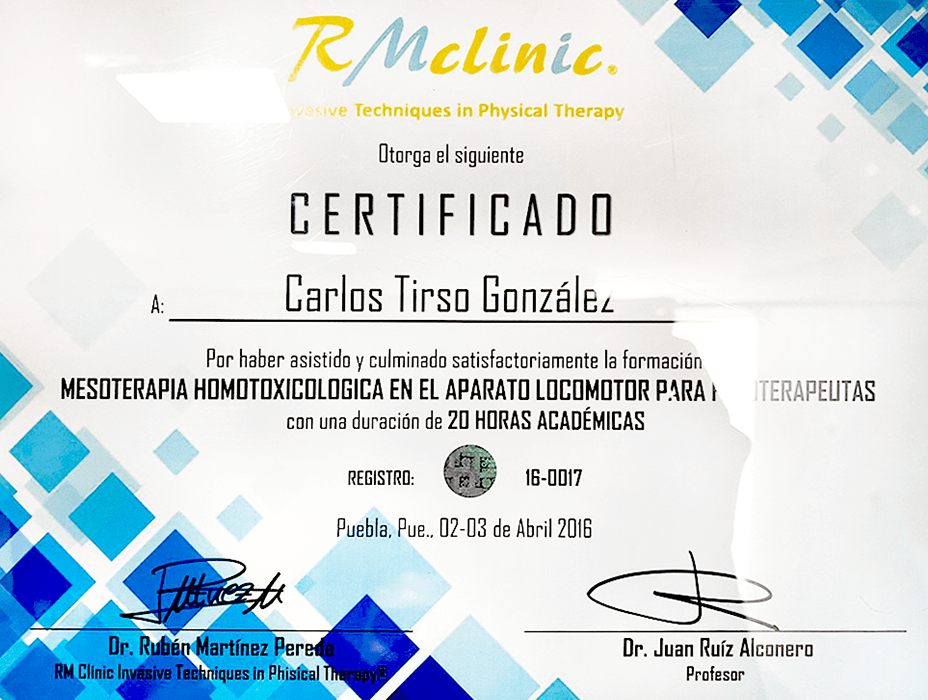 Certificado especialista en fisioterapista de Puebla