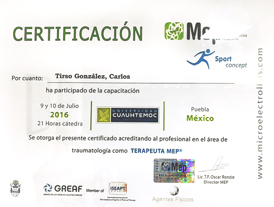 Certificado especialista en fisioterapista de Puebla