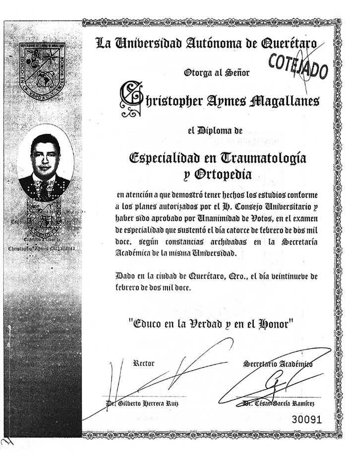 Certificado Ortopedia de San Luis Potosi